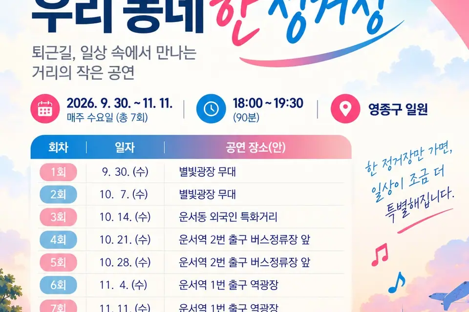 퇴근길 영종 곳곳이 공연장으로…매주 수요일 ‘우리 동네 한 정거장’