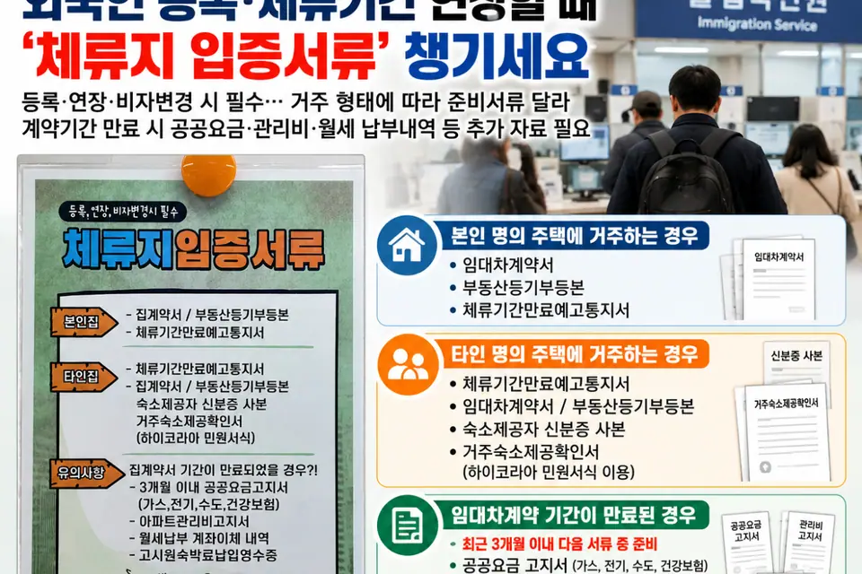 [ 외국인 주민 생활정보] 외국인 등록·체류기간 연장할 때 ‘체류지 입증서류’ 챙기세요